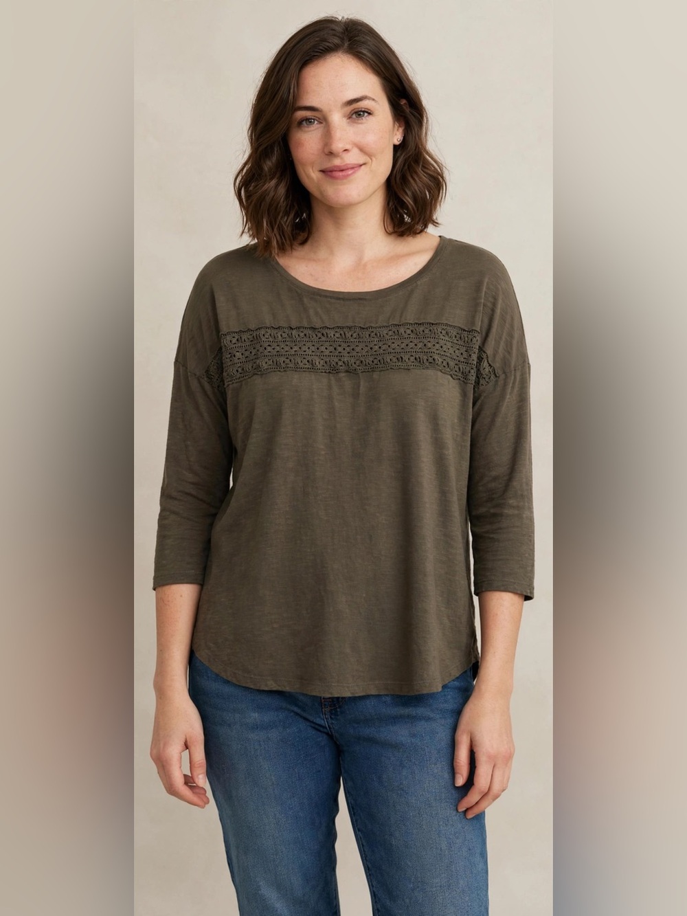 Caslon Olive Green Crochet-Trim Long Sleeve Tee